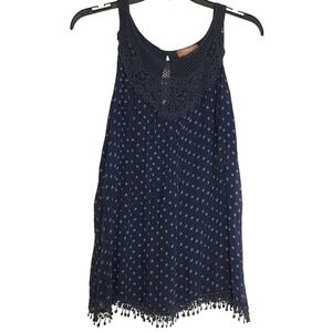 Vintage Sleeveless 100% Silk Tank Cotton Crochet Detail Navy Polka Dots Flowy Lg